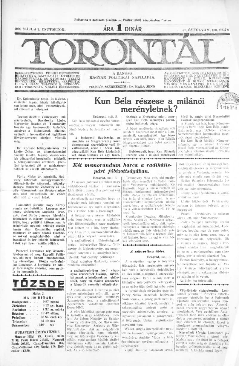 Torontál, 57. évf. 1928. május 3. 103. sz.