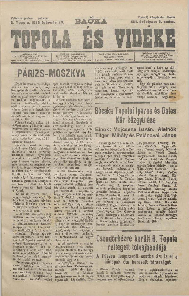 Bačka Topola és Vidéke, 13. évf. 1936. február 23. 8. sz.