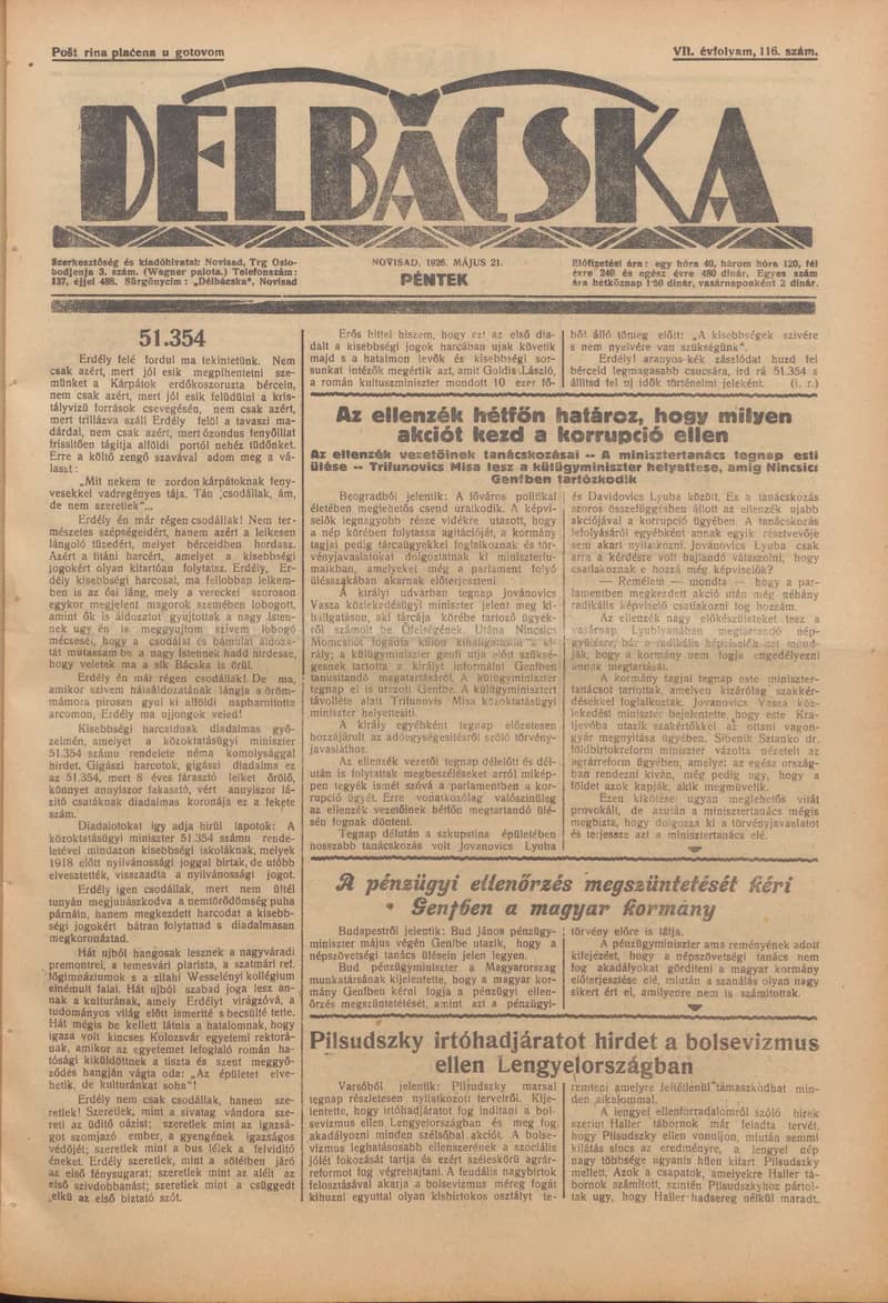 Délbácska, 7. évf. 1926. május 21. 116. sz.