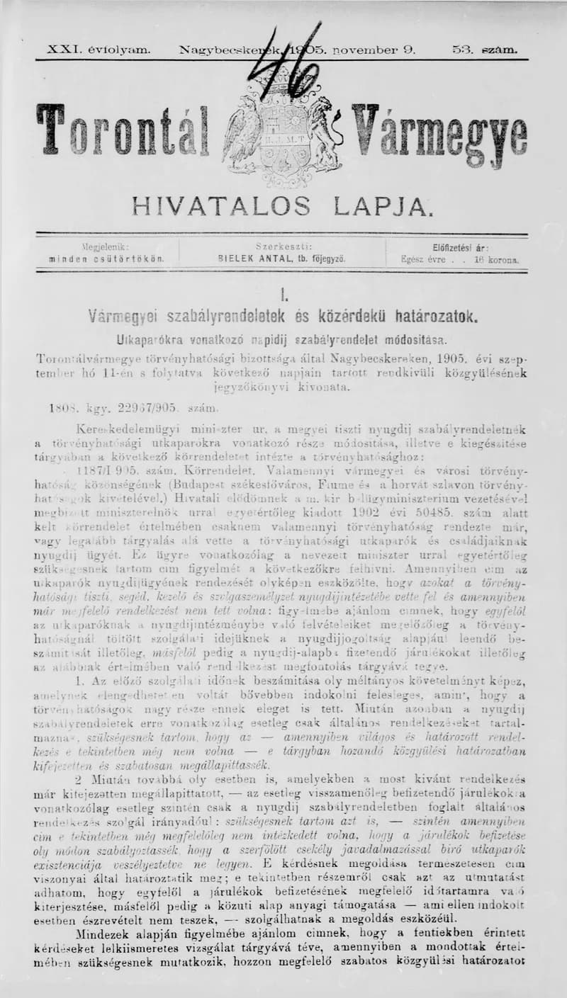 Torontál Vármegye Hivatalos Lapja, 21. évf. 1905. november 9. 53. sz.