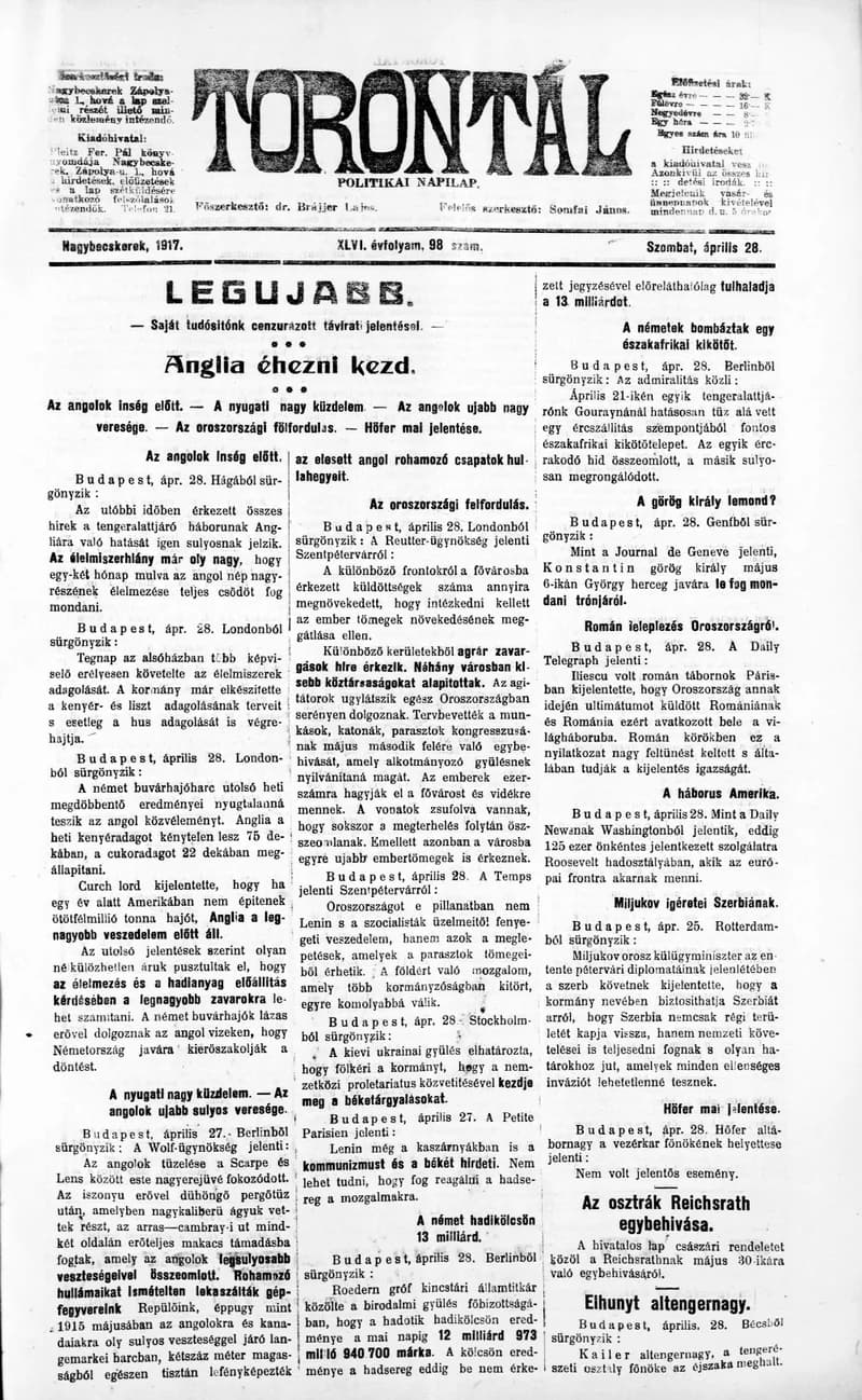 Torontál, 46. évf. 1917. április 28. 98. sz.
