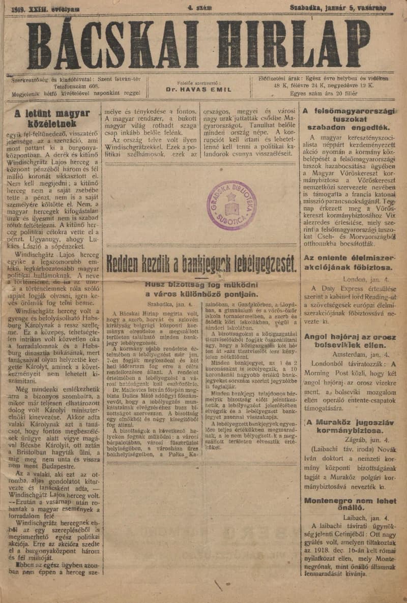 Bácskai Hirlap, 23. évf. 1919. január 5. 4. sz.