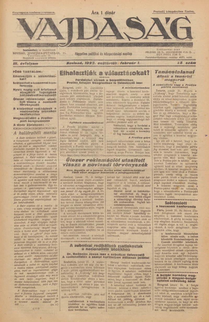 Vajdaság, 3. évf. 1923. február 1. 25. sz.