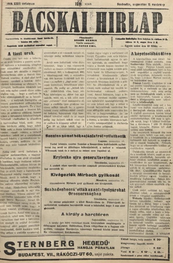 Bácskai Hirlap, 22. évf. 1918. augusztus 11. 180. sz.