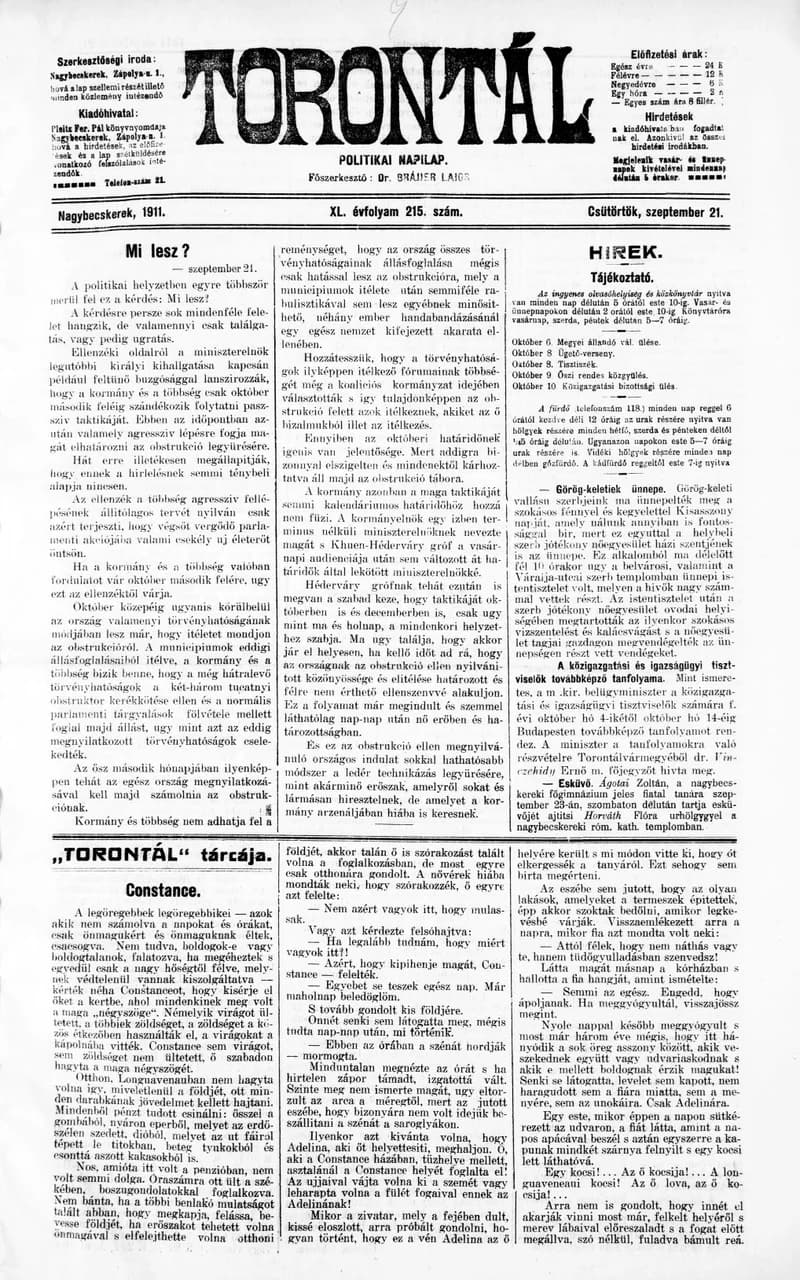 Torontál, 40. évf. 1911. szeptember 21. 215. sz.