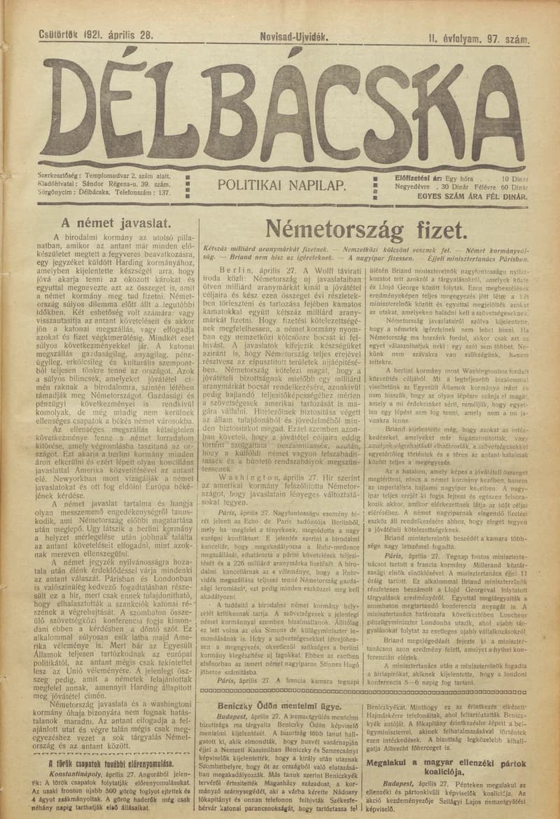 Délbácska, 2. évf. 1921. április 28. 97. sz.