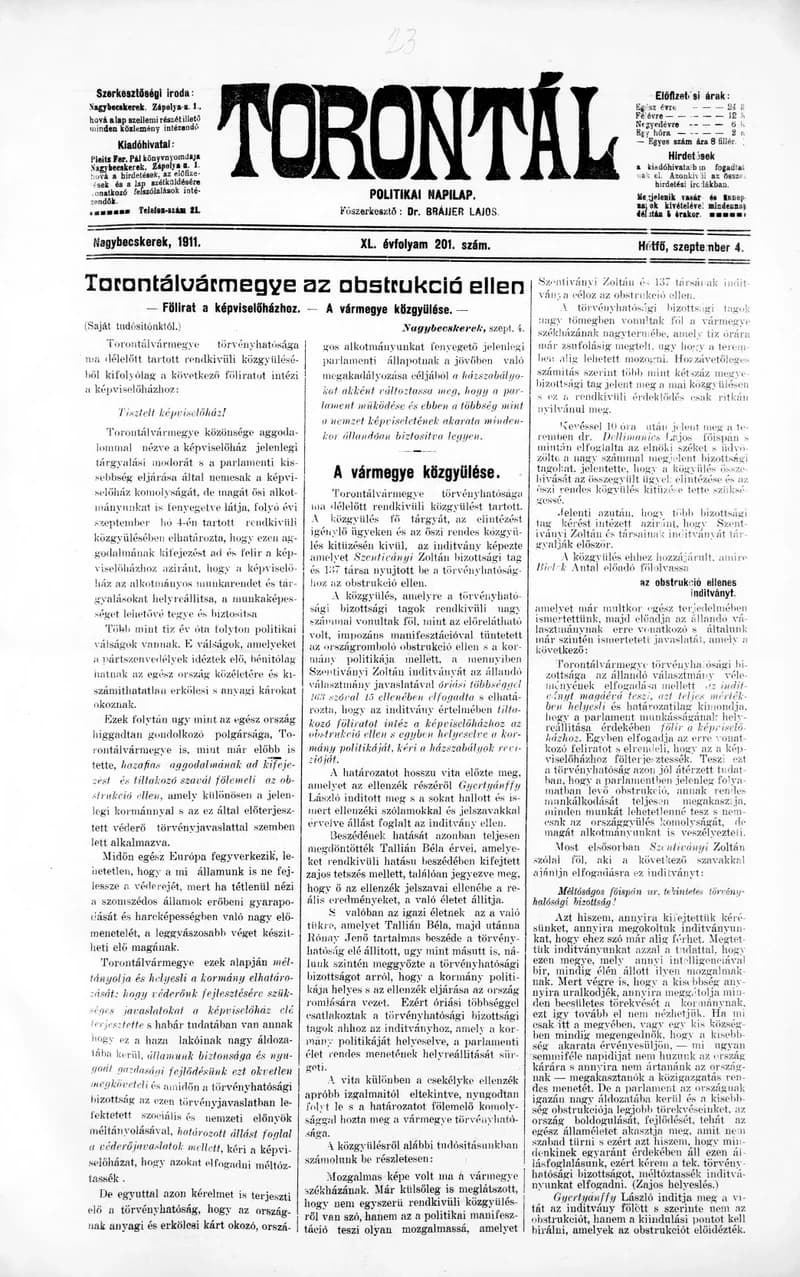 Torontál, 40. évf. 1911. szeptember 4. 201. sz.