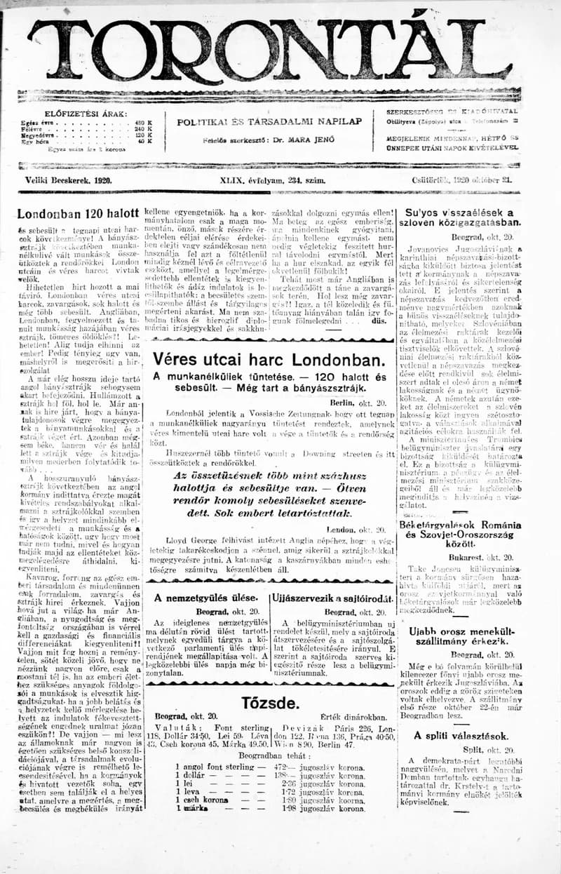 Torontál, 49. évf. 1920. október 21. 234. sz.