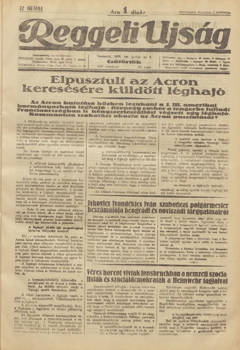 Reggeli Újság, 14. évf. 1933. április 9. 85. sz.