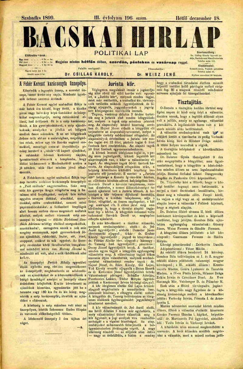 Bácskai Hirlap, 3. évf. 1899. december 18. 196. sz.