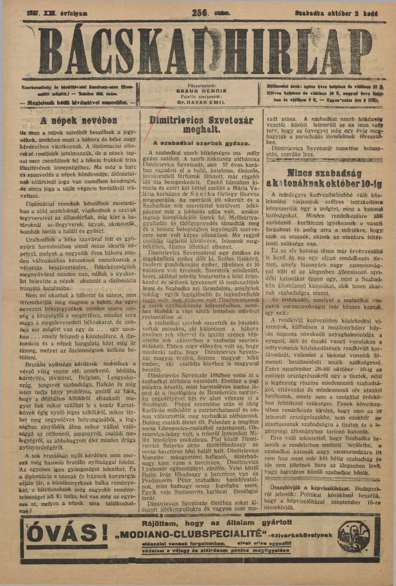 Bácskai Hirlap, 21. évf. 1917. október 2. 256. sz.