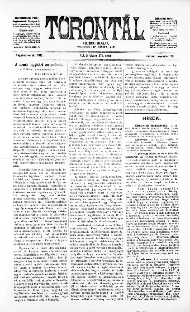 Torontál, 41. évf. 1912. november 29. 274. sz.