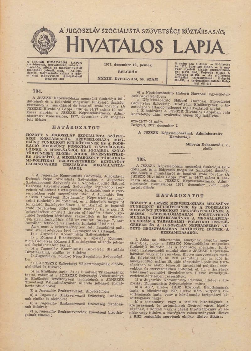 A Jugoszláv Szocialista Szövetségi Köztársaság Hivatalos Lapja, 33. évf. 1977. december 16. 59. sz. 2030–2064. oldal