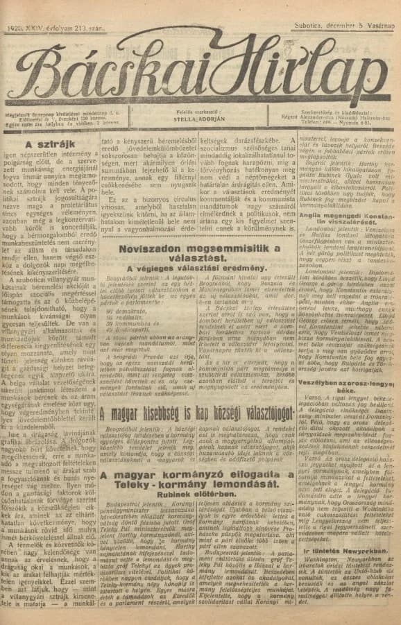 Bácskai Hirlap, 24. évf. 1920. december 5. 213. sz.