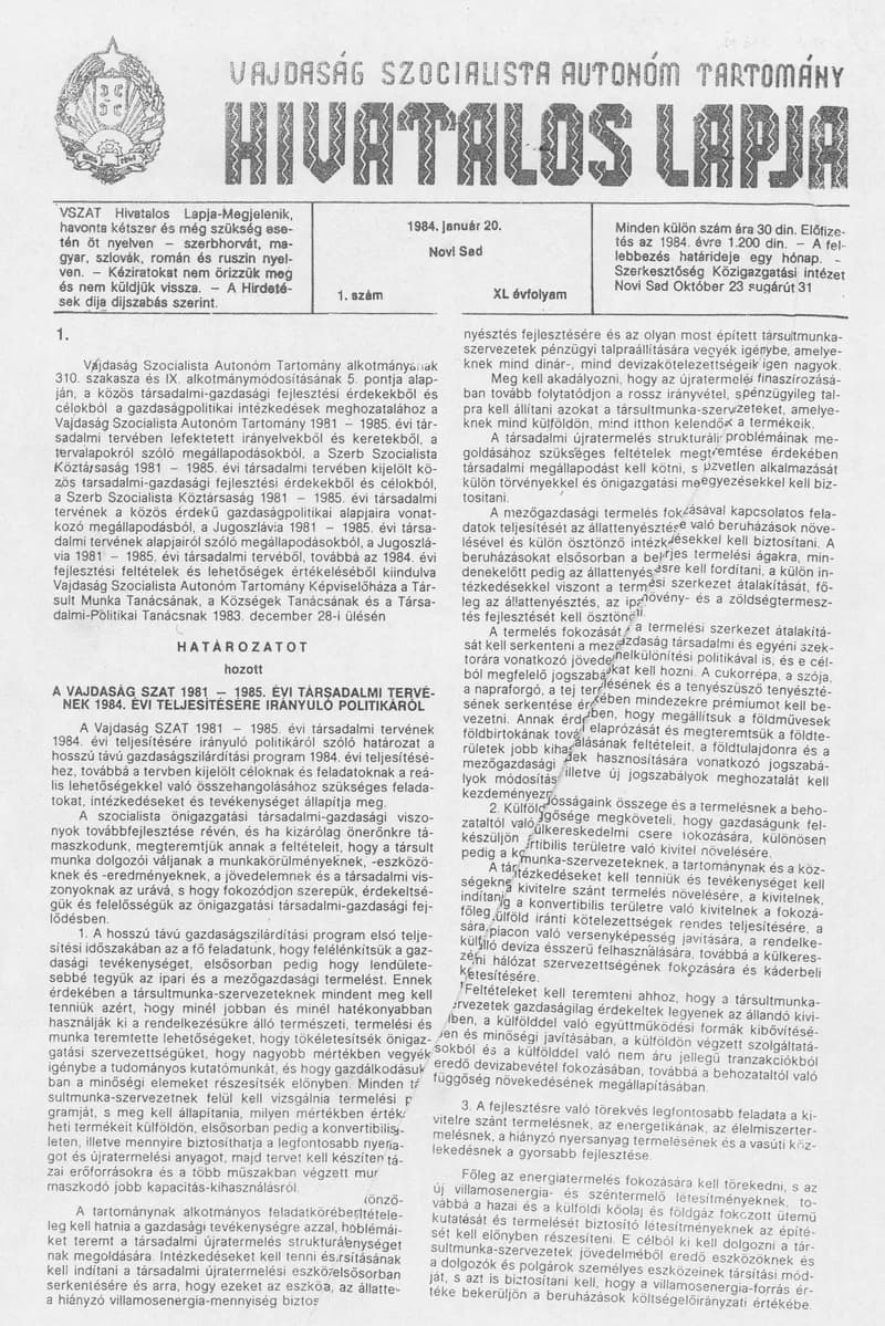 Vajdaság Szocialista Autonóm Tartomány Hivatalos Lapja, 40. évf. 1984. január 20. 1. sz.