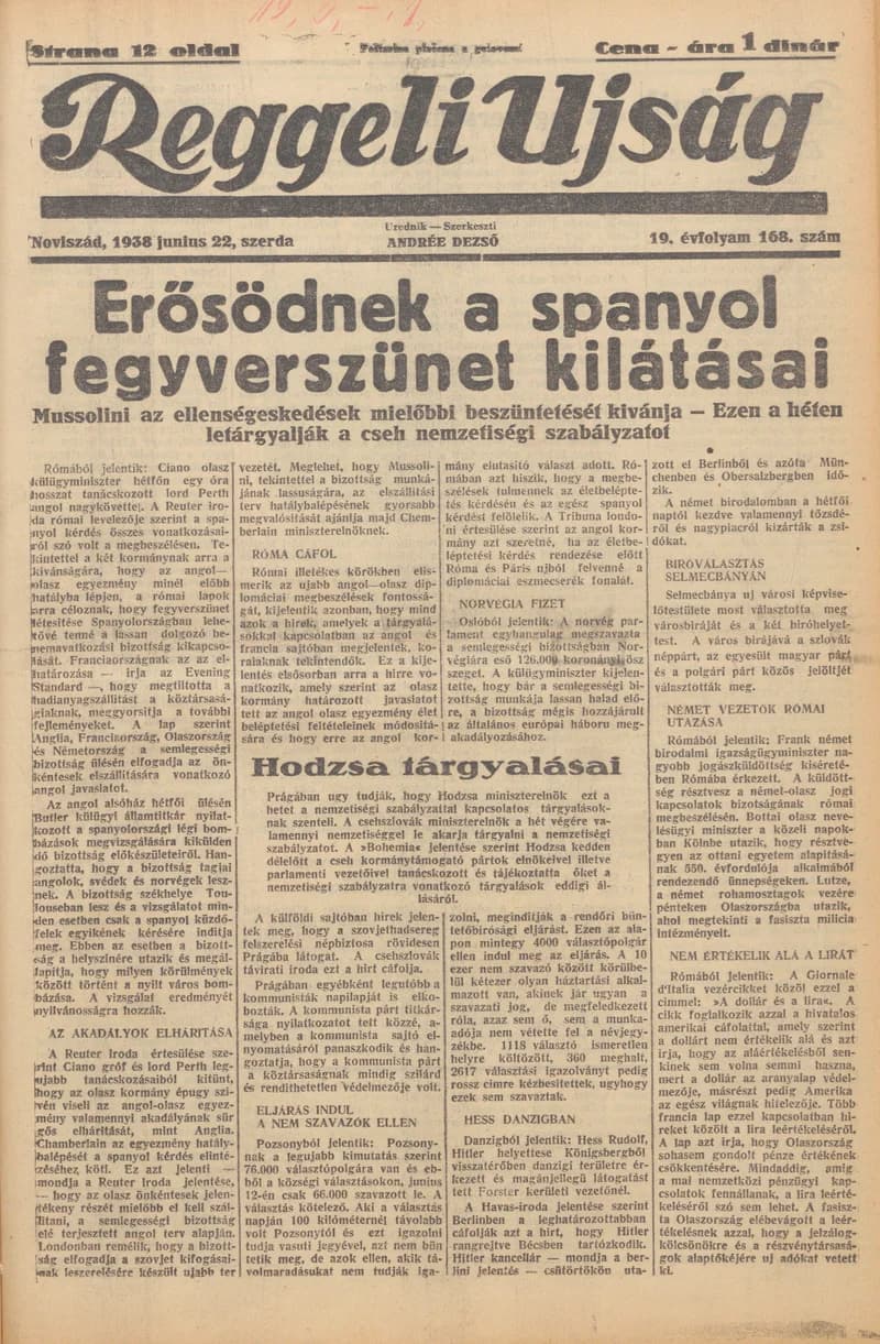 Reggeli Újság, 19. évf. 1938. június 22. 168. sz.