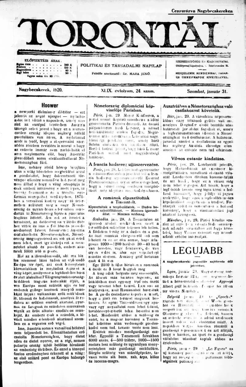 Torontál, 49. évf. 1920. január 31. 24. sz.