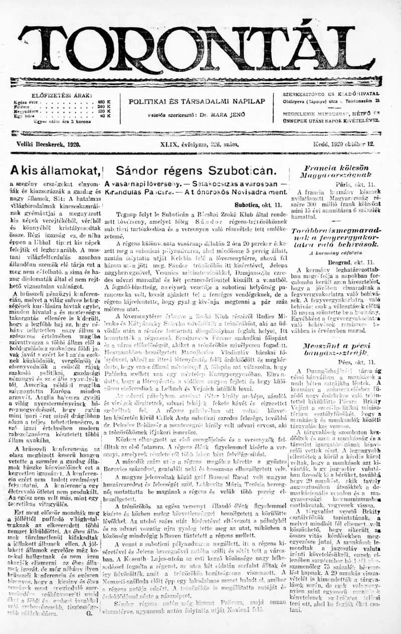 Torontál, 49. évf. 1920. október 12. 226. sz.