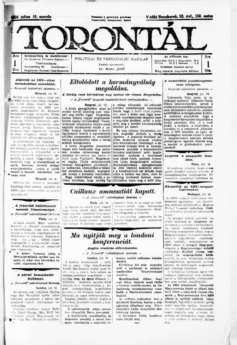 Torontál, 53. évf. 1924. július 16. 159. sz.