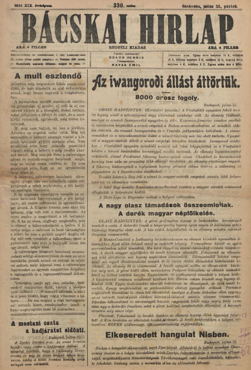 Bácskai Hirlap, 19. évf. 1915. július 23. 330. sz.