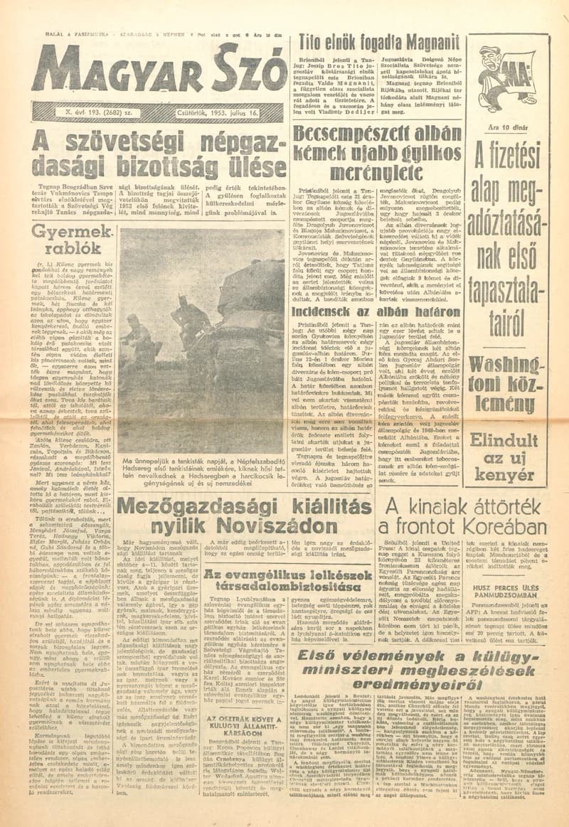Magyar Szó, 10. évf. 1953. július 16. 193. sz. 1–8. oldal
