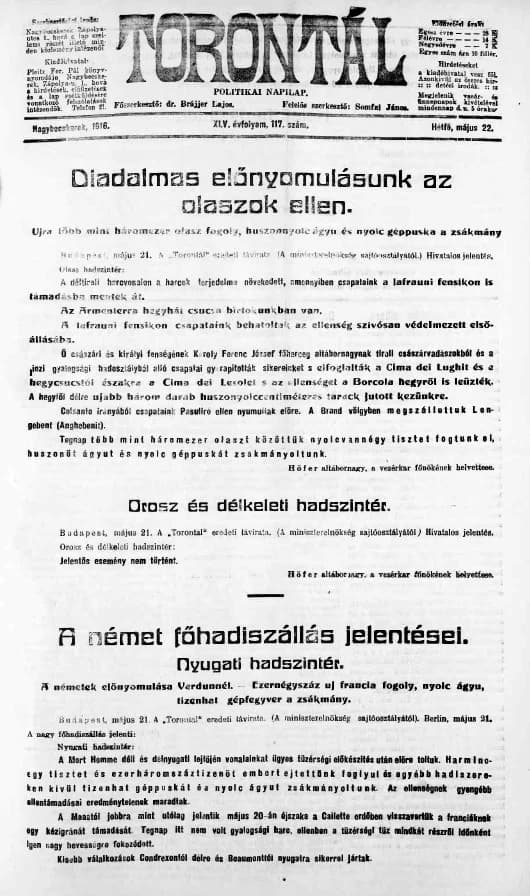 Torontál, 45. évf. 1916. május 22. 117. sz.