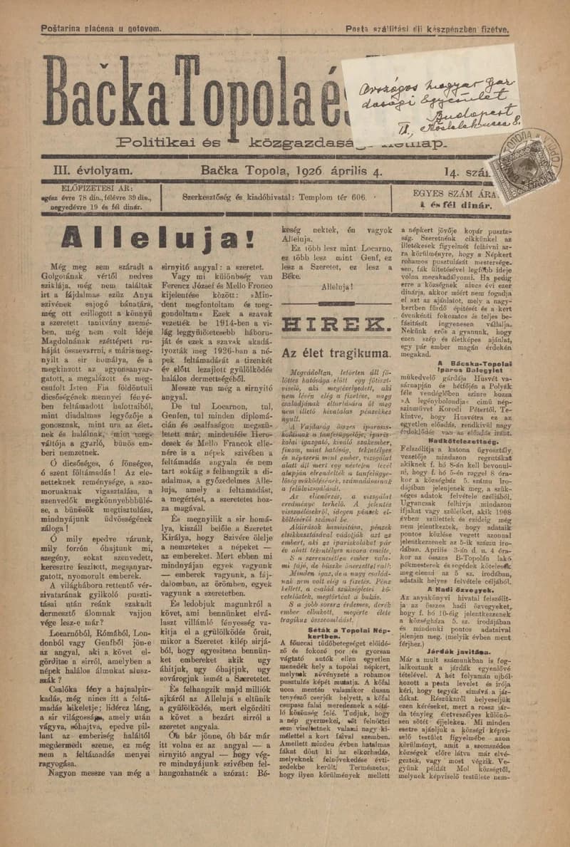 Bačka Topola és Vidéke, 3. évf. 1926. április 4. 14. sz.
