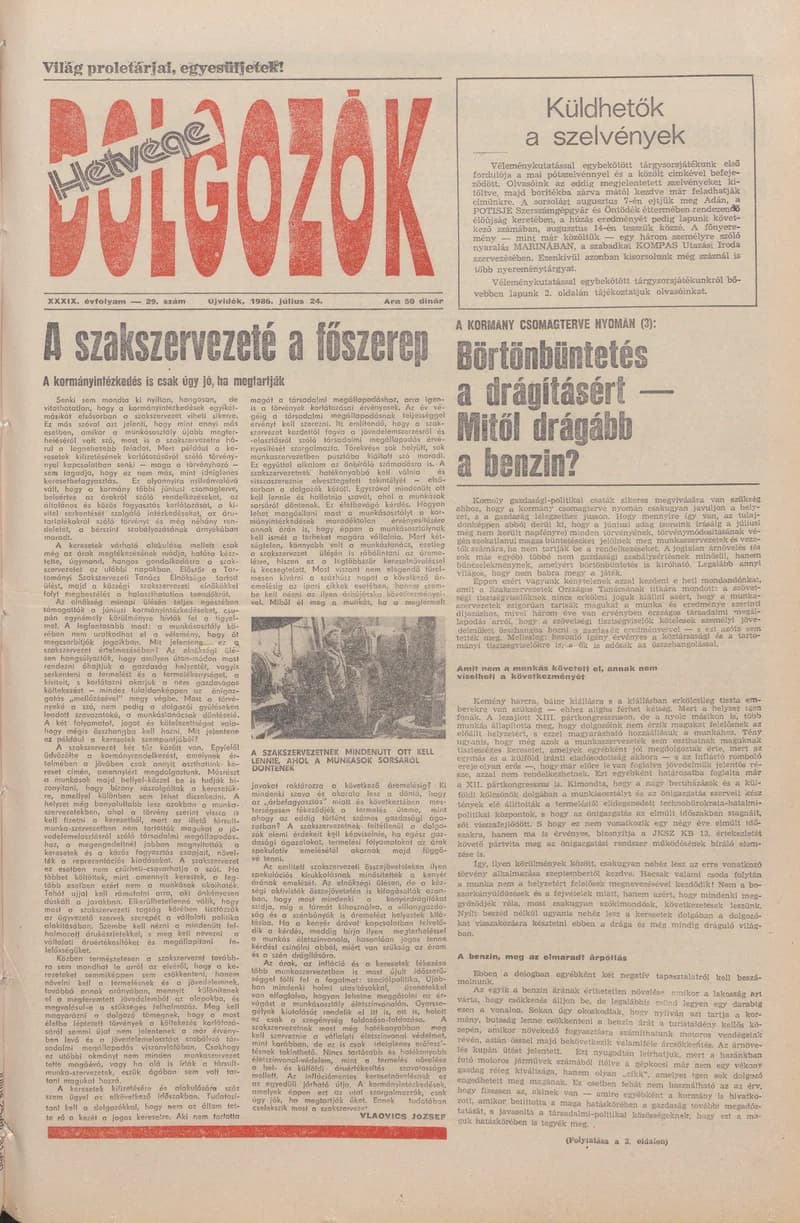 Dolgozók, 40. évf. 1986. július 24. 29. sz.