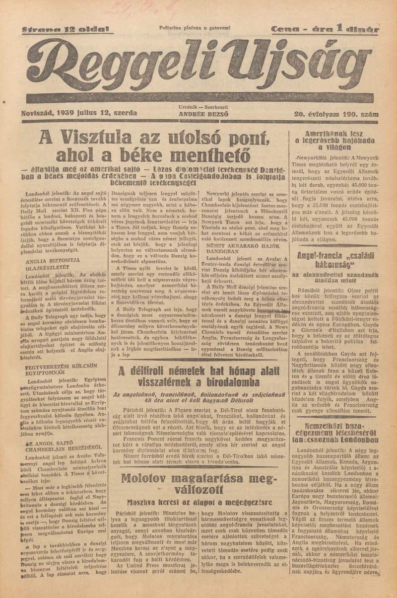 Reggeli Újság, 20. évf. 1939. július 12. 190. sz.
