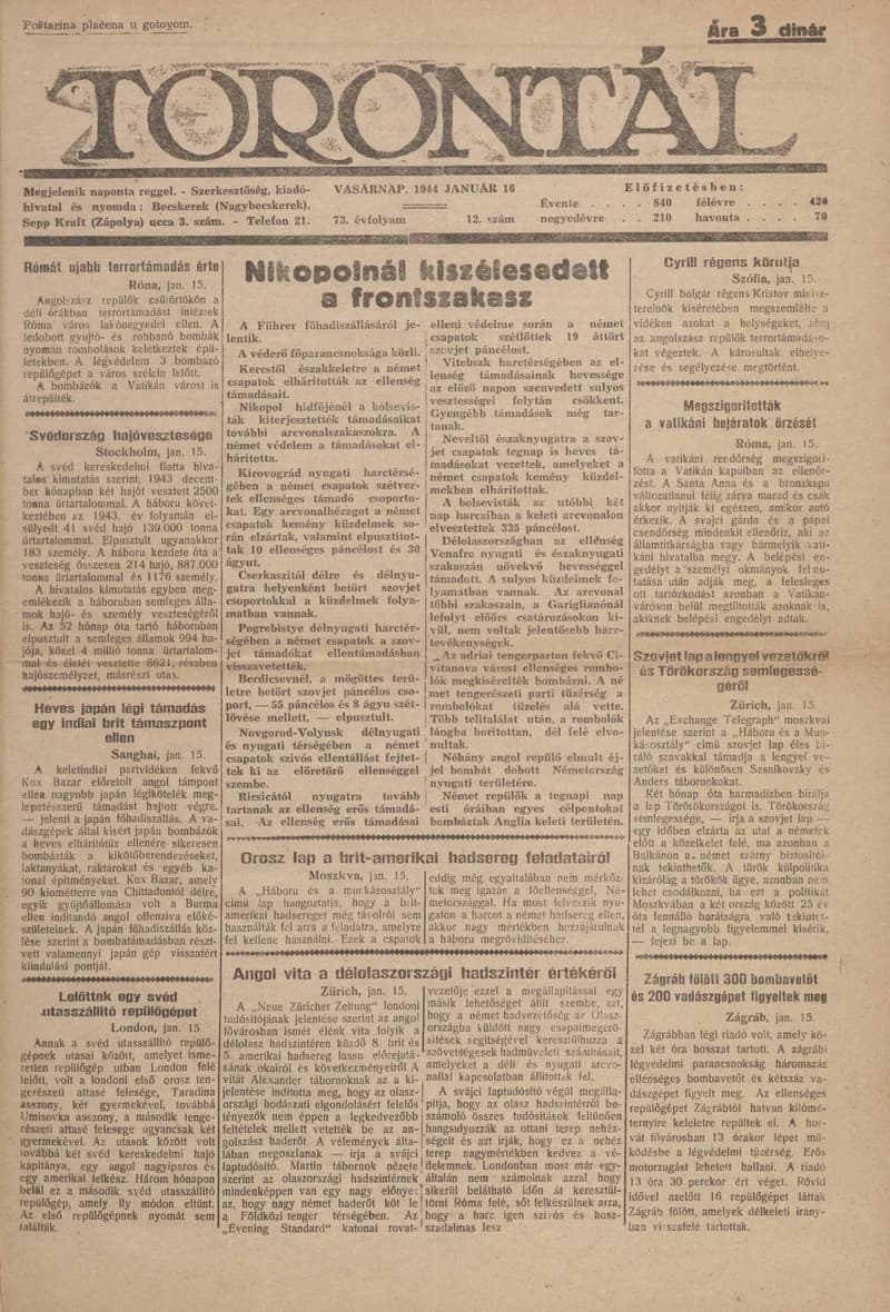 Torontál, 73. évf. 1944. január 16. 12. sz.