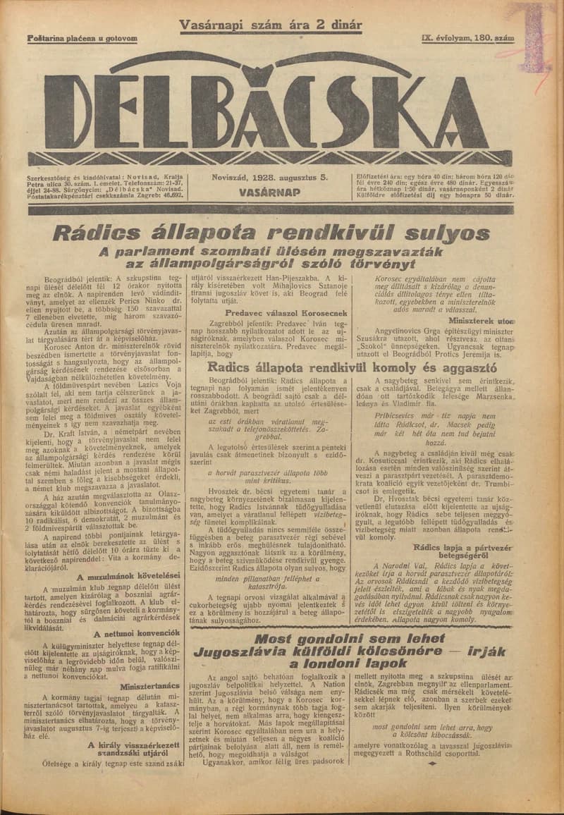 Délbácska, 9. évf. 1928. augusztus 5. 180. sz.