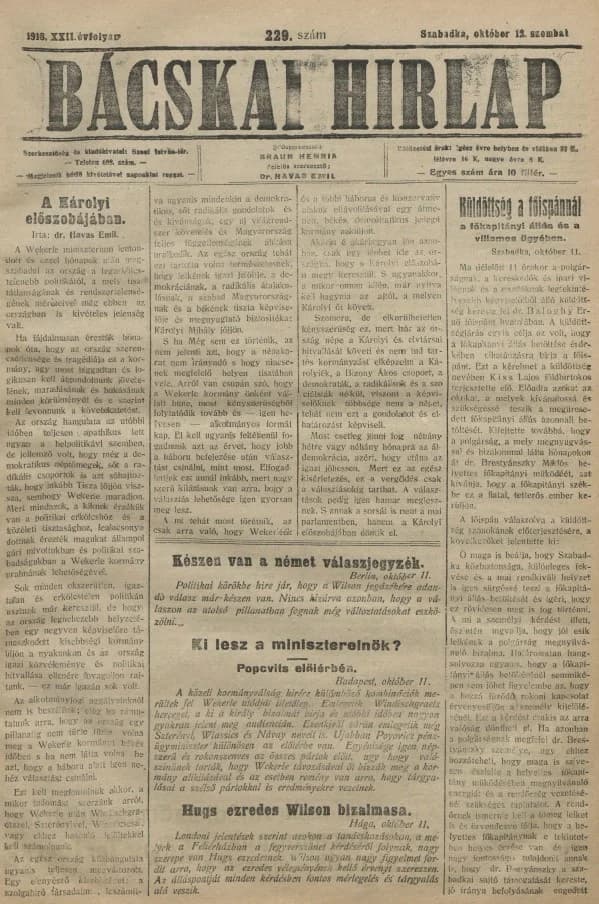 Bácskai Hirlap, 22. évf. 1918. október 12. 229. sz.