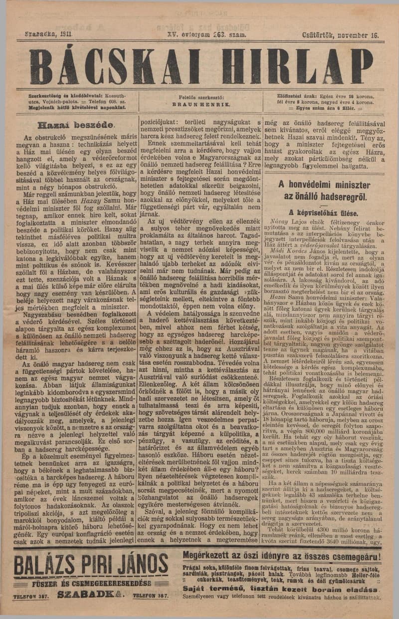 Bácskai Hirlap, 15. évf. 1911. november 16. 263. sz.