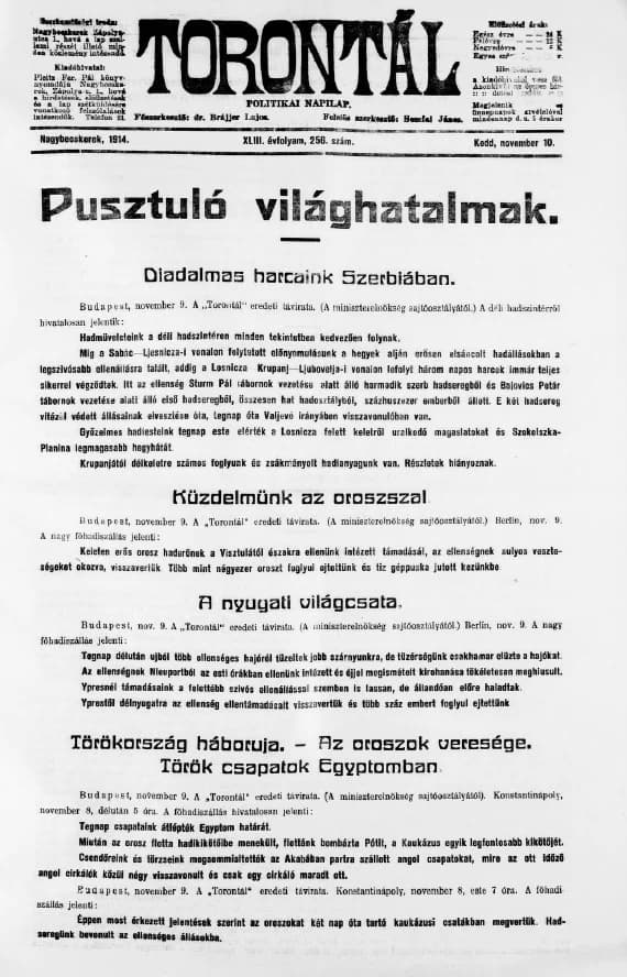 Torontál, 43. évf. 1914. november 10. 256. sz.