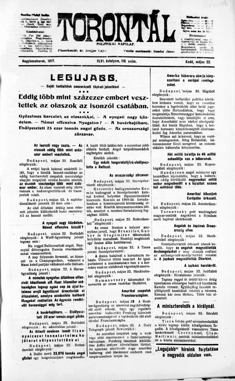 Torontál, 46. évf. 1917. május 22. 116. sz.
