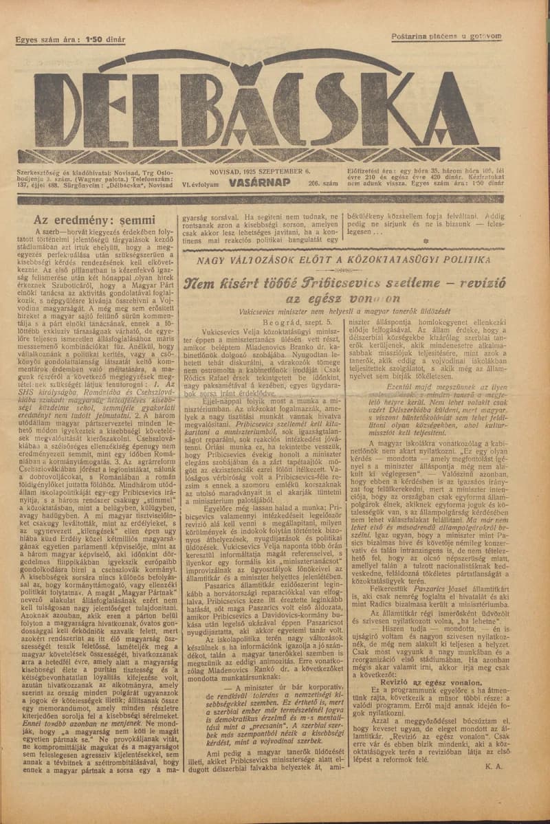 Délbácska, 6. évf. 1925. szeptember 6. 206. sz.