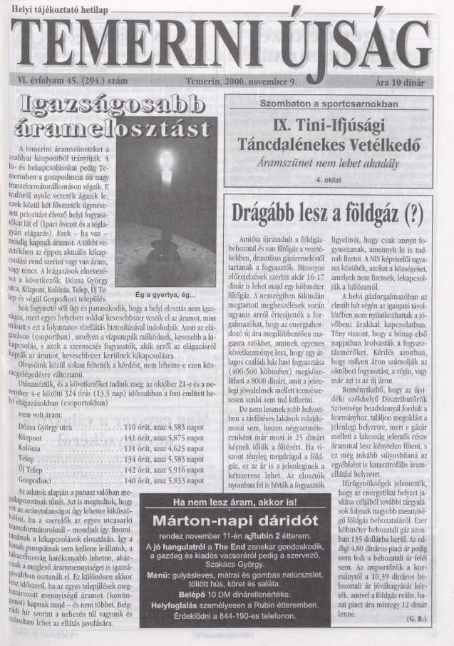 Temerini Újság, 6. évf. 2000. november 9. 45. sz.
