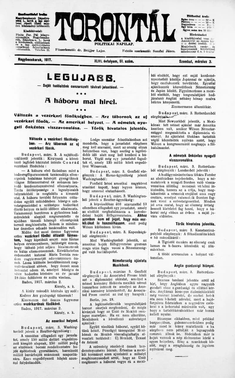 Torontál, 46. évf. 1917. március 3. 51. sz.