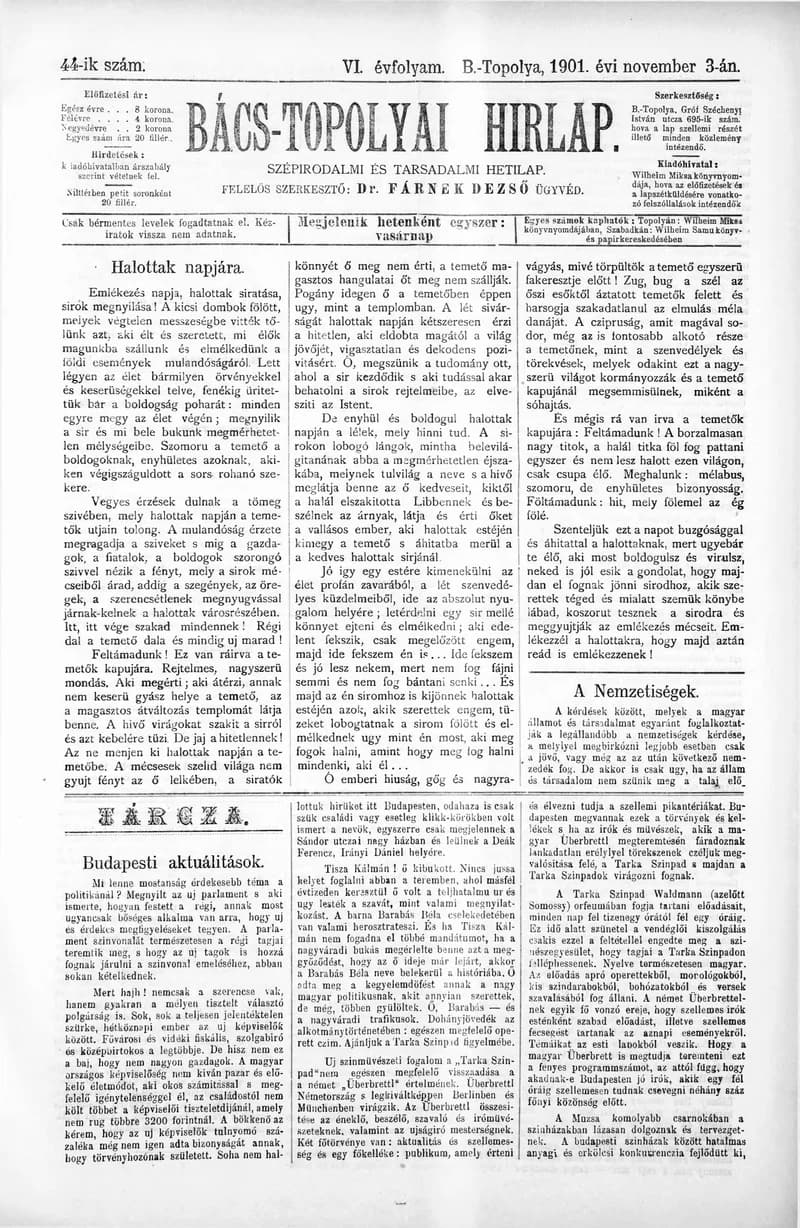 Bács-Topolyai Hirlap, 6. évf. 1901. november 3. 44. sz.