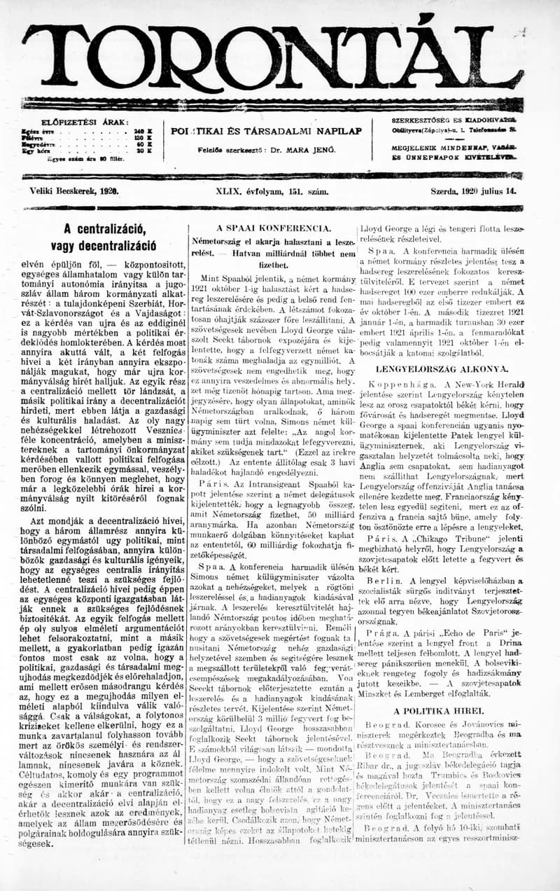 Torontál, 49. évf. 1920. július 14. 151. sz.