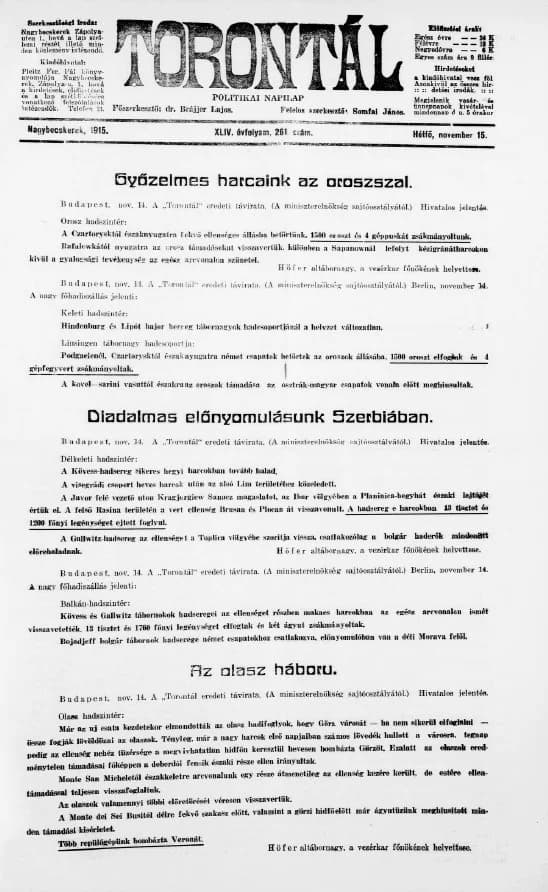 Torontál, 44. évf. 1915. november 15. 261. sz.