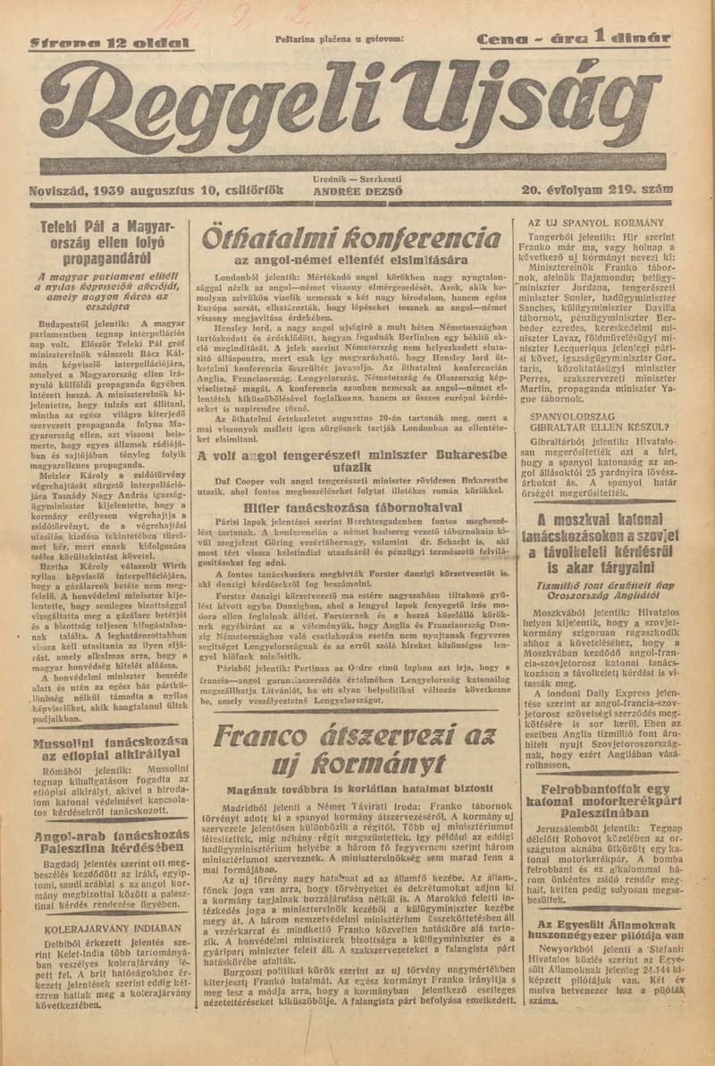 Reggeli Újság, 20. évf. 1939. augusztus 10. 219. sz.