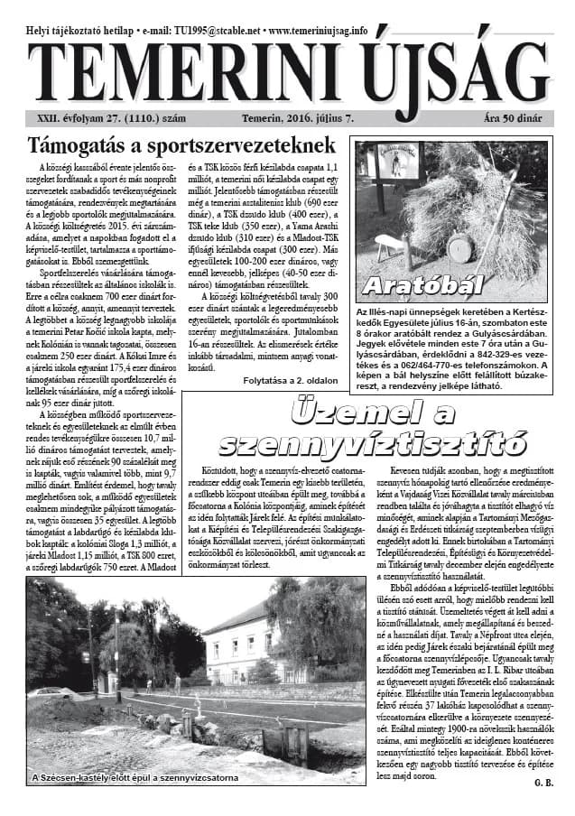 Temerini Újság, 22. évf. 2016. július 7. 27. sz.
