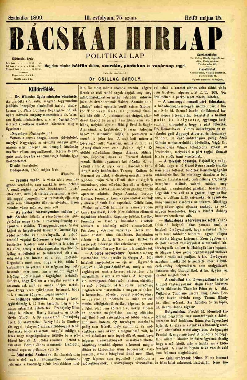 Bácskai Hirlap, 3. évf. 1899. május 15. 75. sz.
