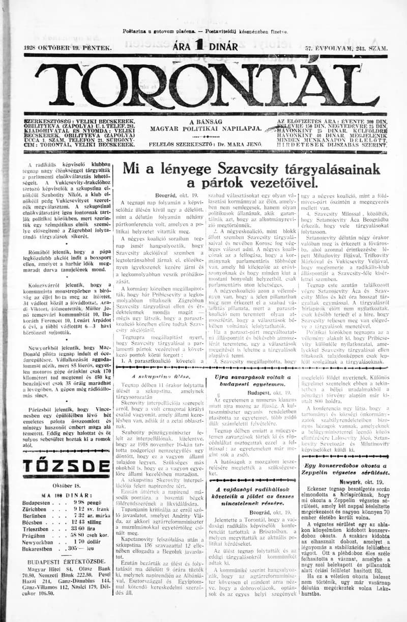 Torontál, 57. évf. 1928. október 19. 243. sz.
