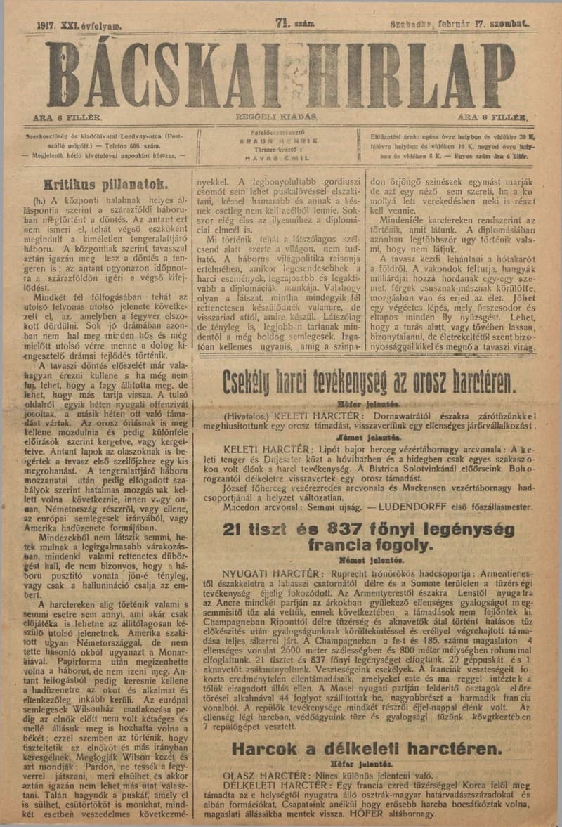Bácskai Hirlap, 21. évf. 1917. február 17. 71. sz.