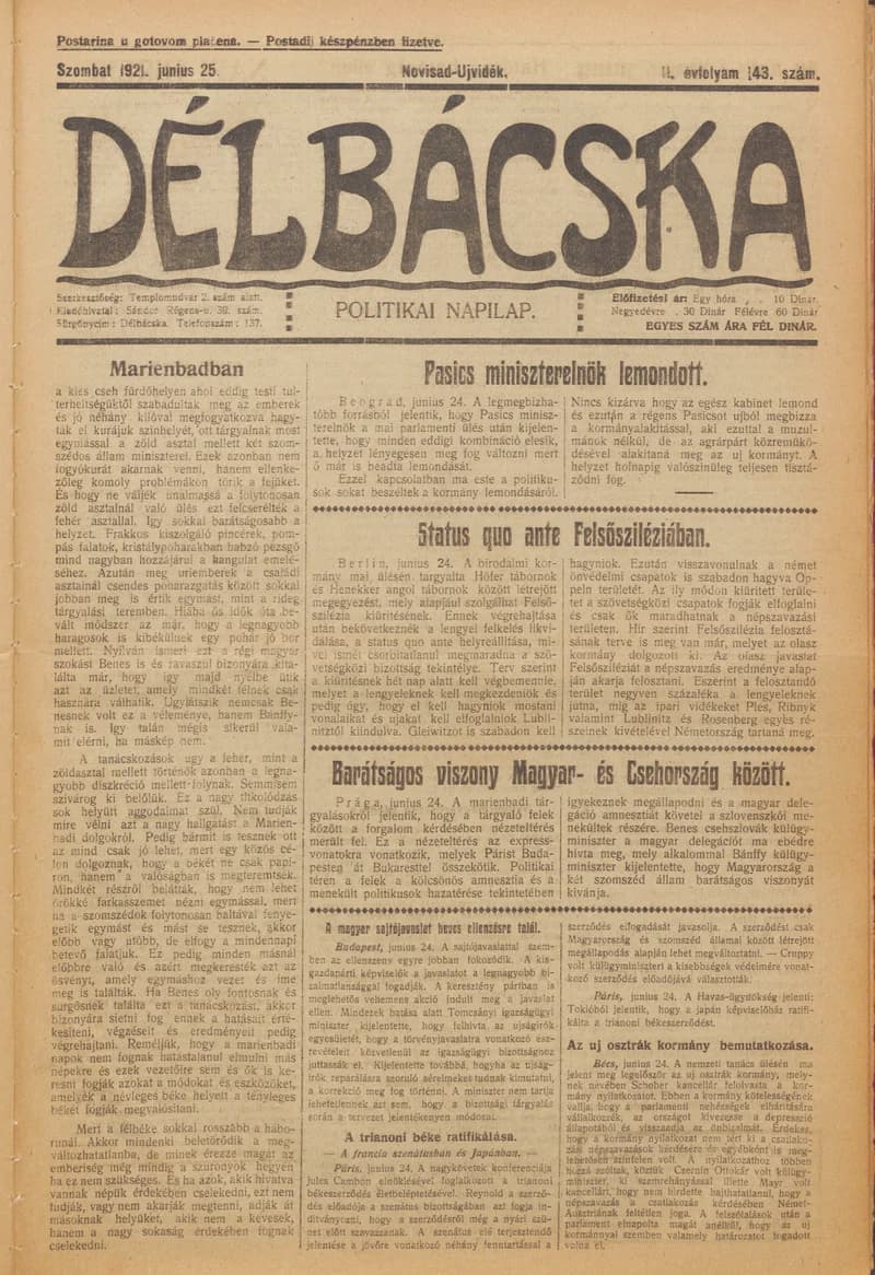 Délbácska, 2. évf. 1921. június 25. 143. sz.