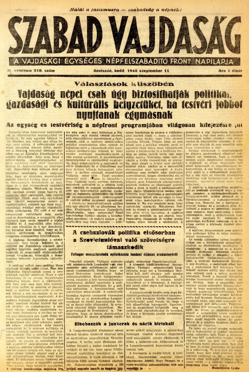 Szabad Vajdaság, 2. évf. 1945. szeptember 11. 210. sz.