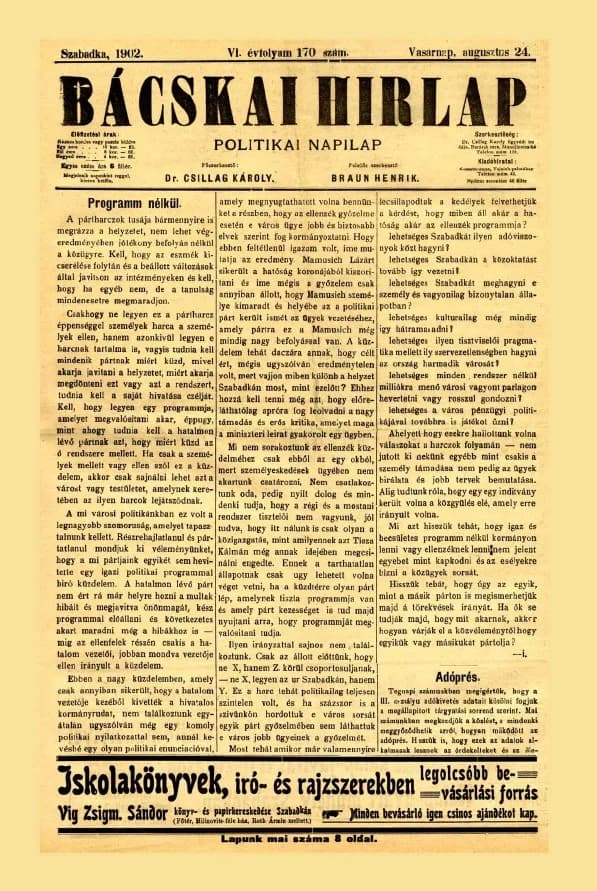 Bácskai Hirlap, 6. évf. 1902. augusztus 24. 170. sz.