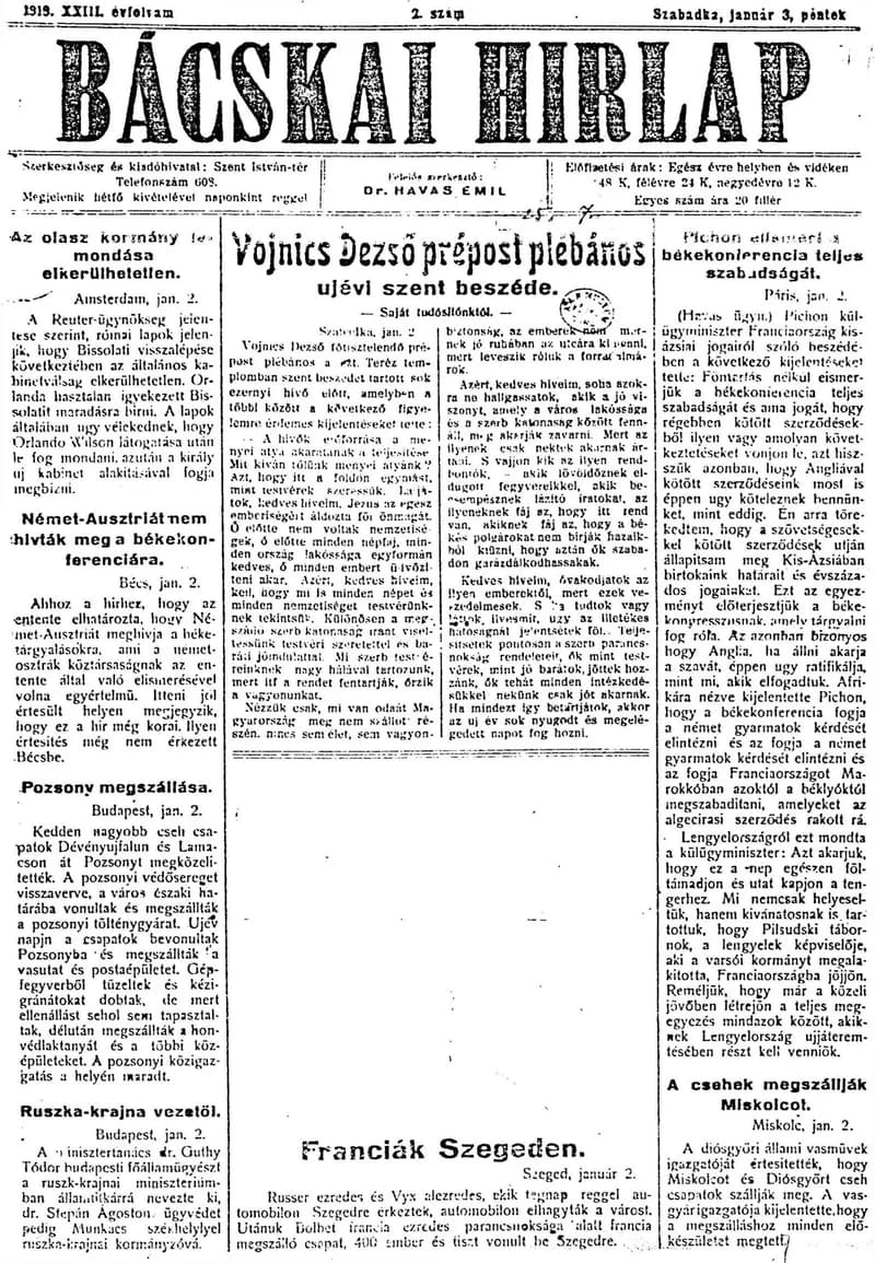 Bácskai Hirlap, 23. évf. 1919. január 3. 2. sz.